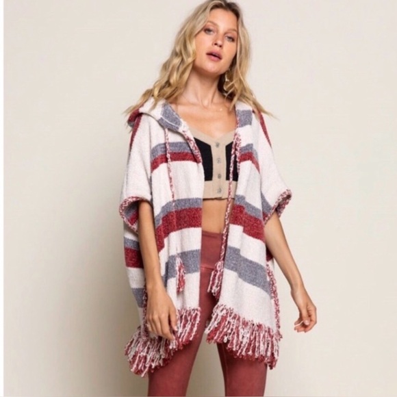 POL Sweaters - POL Striped Maroon and Gray Hooded Poncho